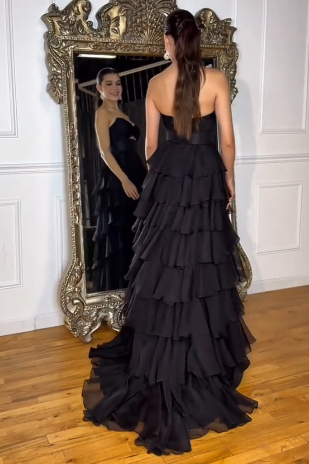 Dreamyannie Black Prom Dress White Prom Dress Sweetheart Ruffled Long Formal Dress With Slit