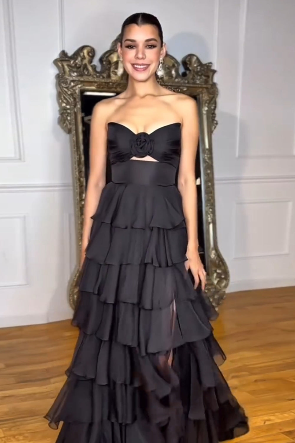 Dreamyannie Black Prom Dress White Prom Dress Sweetheart Ruffled Long Formal Dress With Slit