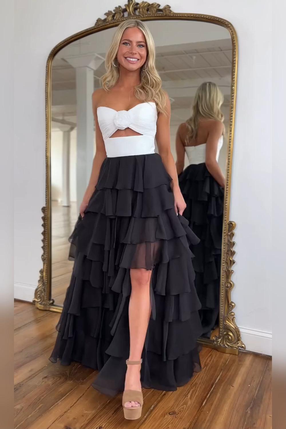 Dreamyannie Black Prom Dress White Prom Dress Sweetheart Ruffled Long Formal Dress With Slit