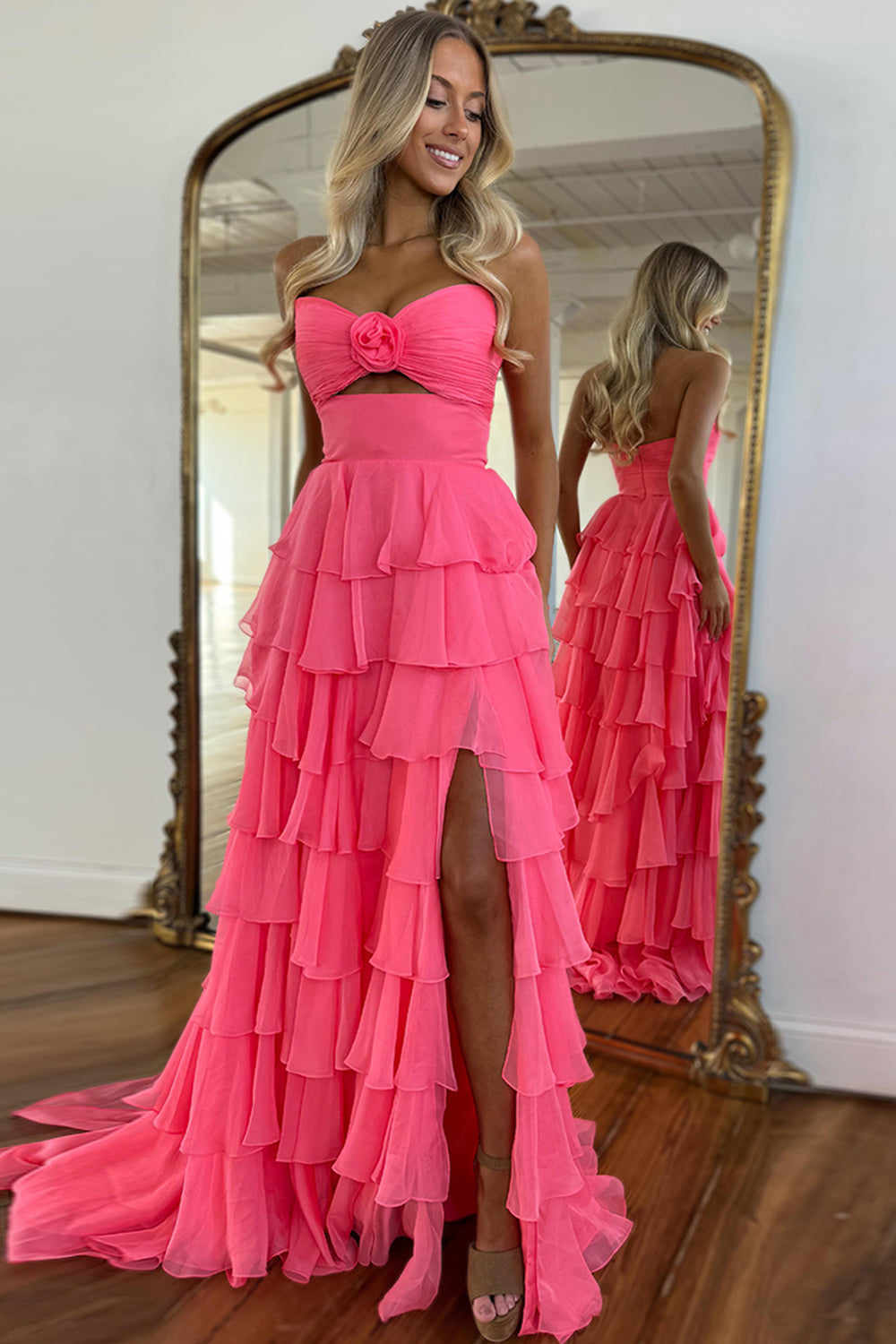 Dreamyannie Black Prom Dress White Prom Dress Sweetheart Ruffled Long Formal Dress With Slit