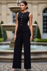 Dreamyannie Black Round Neck 2 Piece Mother Of The Bride Pant Suits With Buttons