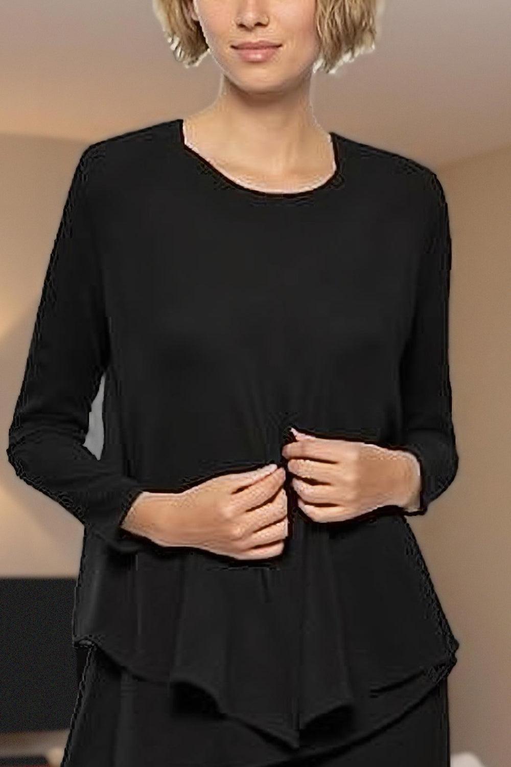 Dreamyannie Black Round Neck Chiffon 3 Piece Mother Of The Bride Pant Suits With Sleeves