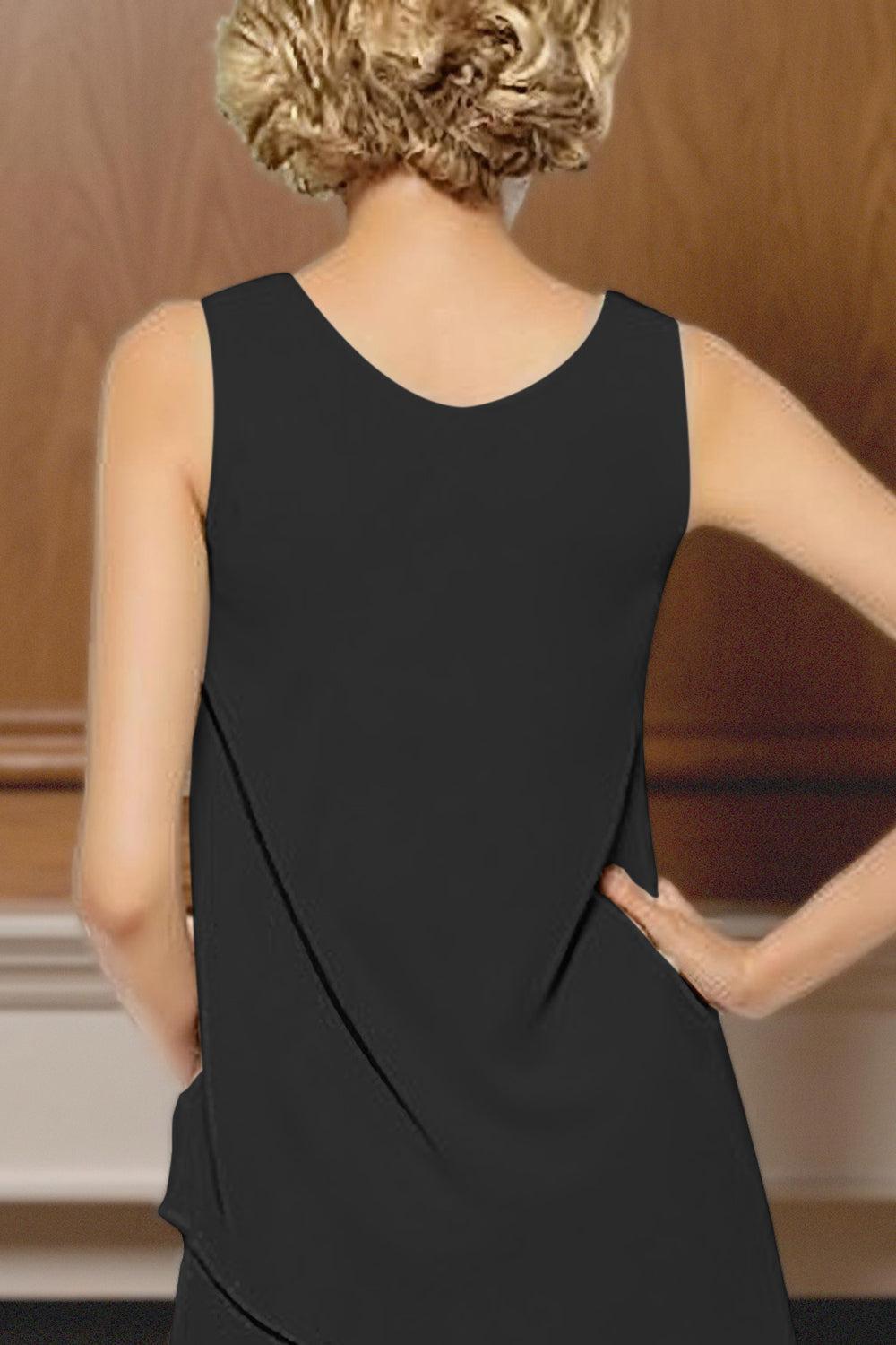 Dreamyannie Black Round Neck Chiffon 3 Piece Mother Of The Bride Pant Suits With Sleeves