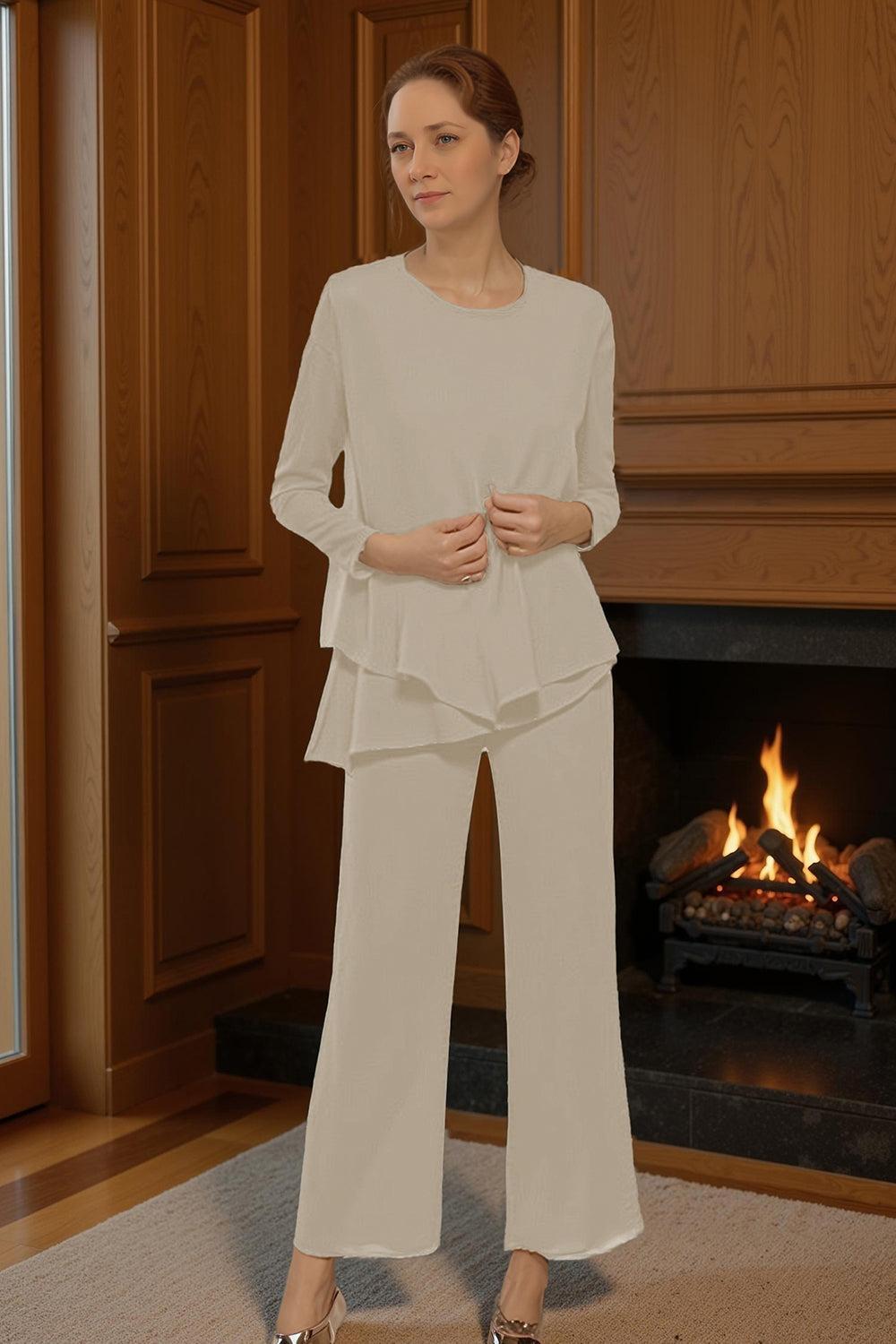 Dreamyannie Black Round Neck Chiffon 3 Piece Mother Of The Bride Pant Suits With Sleeves