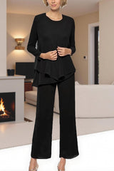 Dreamyannie Black Round Neck Chiffon 3 Piece Mother Of The Bride Pant Suits With Sleeves