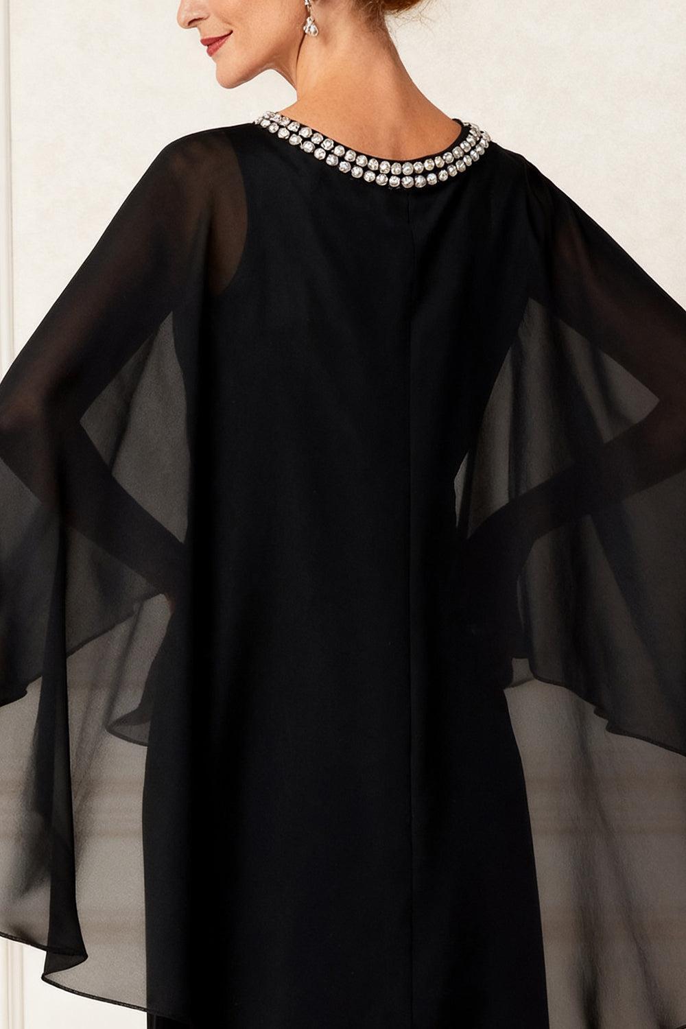 Dreamyannie Black Round Neck Chiffon Floor Length Mother Of The Bride Dress With Beading