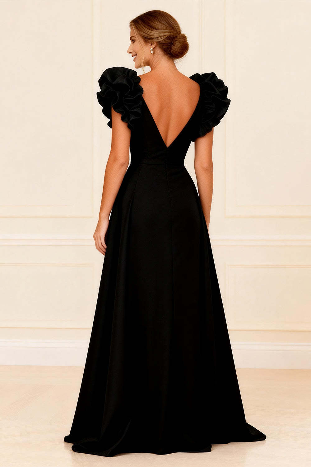 Dreamyannie Black Ruffled V Neck A Line Long Mother Of The Bride Dress With Slit