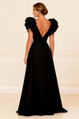 Dreamyannie Black Ruffled V Neck A Line Long Mother Of The Bride Dress With Slit