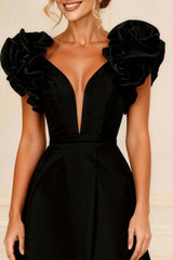 Dreamyannie Black Ruffled V Neck A Line Long Mother Of The Bride Dress With Slit