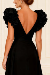 Dreamyannie Black Ruffled V Neck A Line Long Mother Of The Bride Dress With Slit