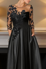 Dreamyannie Black Satin A Line Tea Length Mother Of The Bride Dress With Appliques