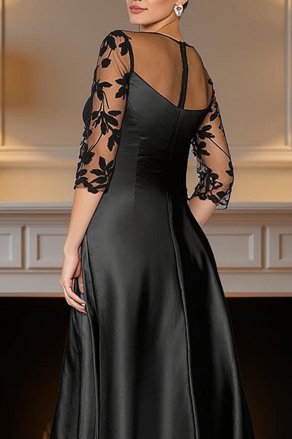 Dreamyannie Black Satin A Line Tea Length Mother Of The Bride Dress With Appliques