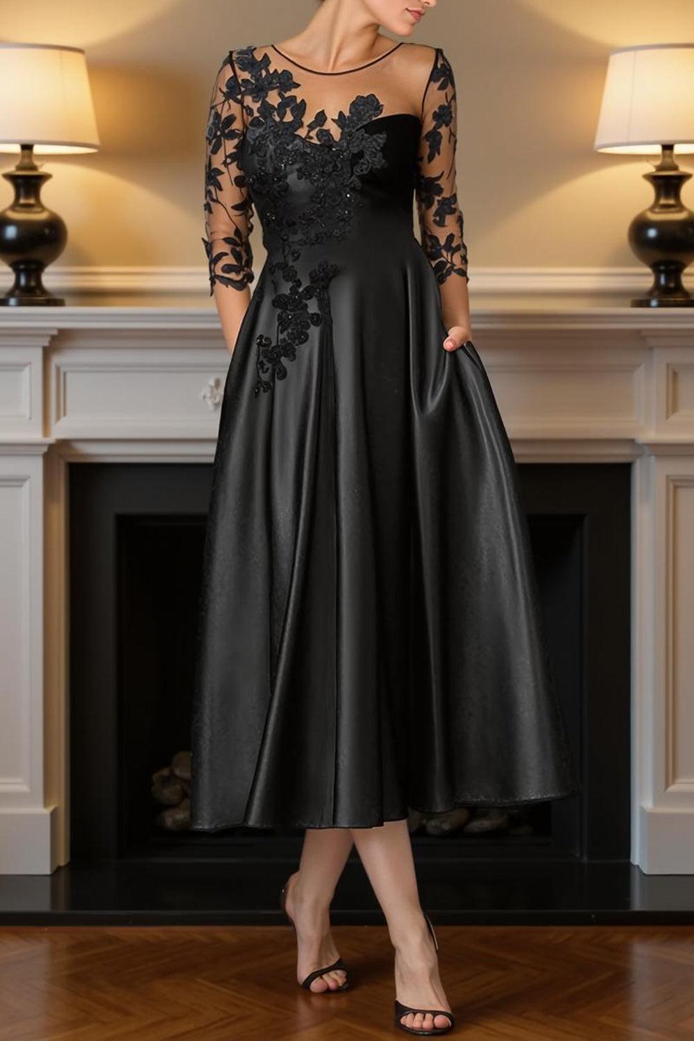 Dreamyannie Black Satin A Line Tea Length Mother Of The Bride Dress With Appliques