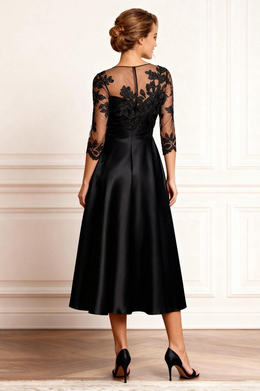 Dreamyannie Black Satin A Line Tea Length Mother Of The Bride Dress With Lace