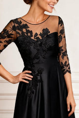 Dreamyannie Black Satin A Line Tea Length Mother Of The Bride Dress With Lace