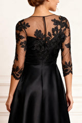 Dreamyannie Black Satin A Line Tea Length Mother Of The Bride Dress With Lace