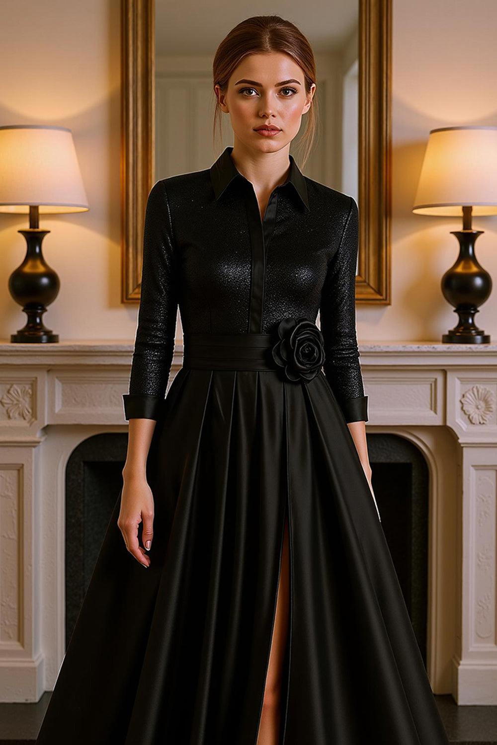 Dreamyannie Black Satin Floral A Line Floor Length Mother Of The Bride Dress With Slit