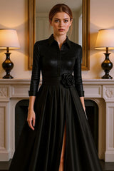 Dreamyannie Black Satin Floral A Line Floor Length Mother Of The Bride Dress With Slit