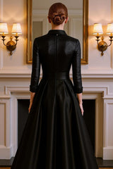 Dreamyannie Black Satin Floral A Line Floor Length Mother Of The Bride Dress With Slit