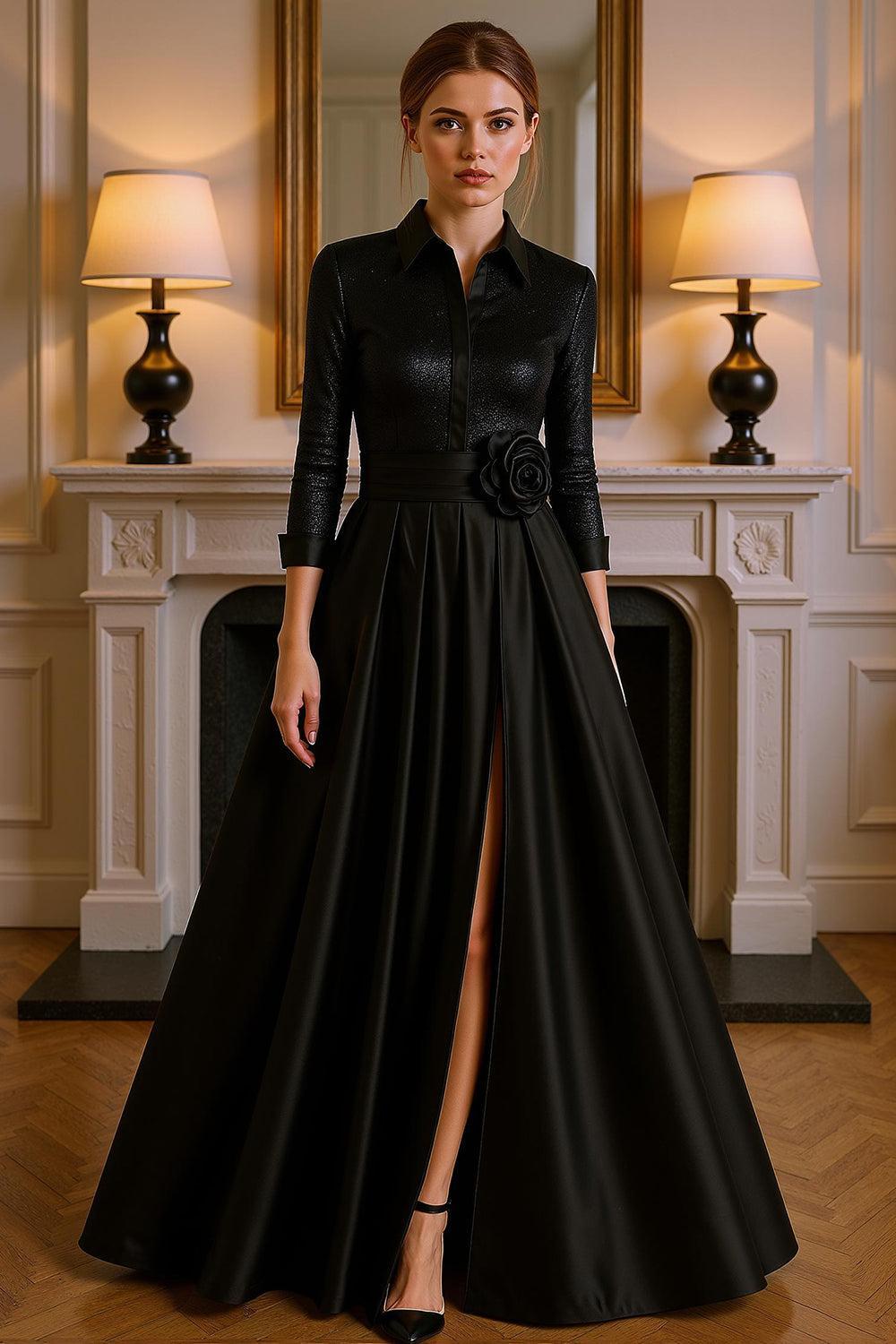 Dreamyannie Black Satin Floral A Line Floor Length Mother Of The Bride Dress With Slit