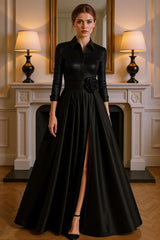 Dreamyannie Black Satin Floral A Line Floor Length Mother Of The Bride Dress With Slit