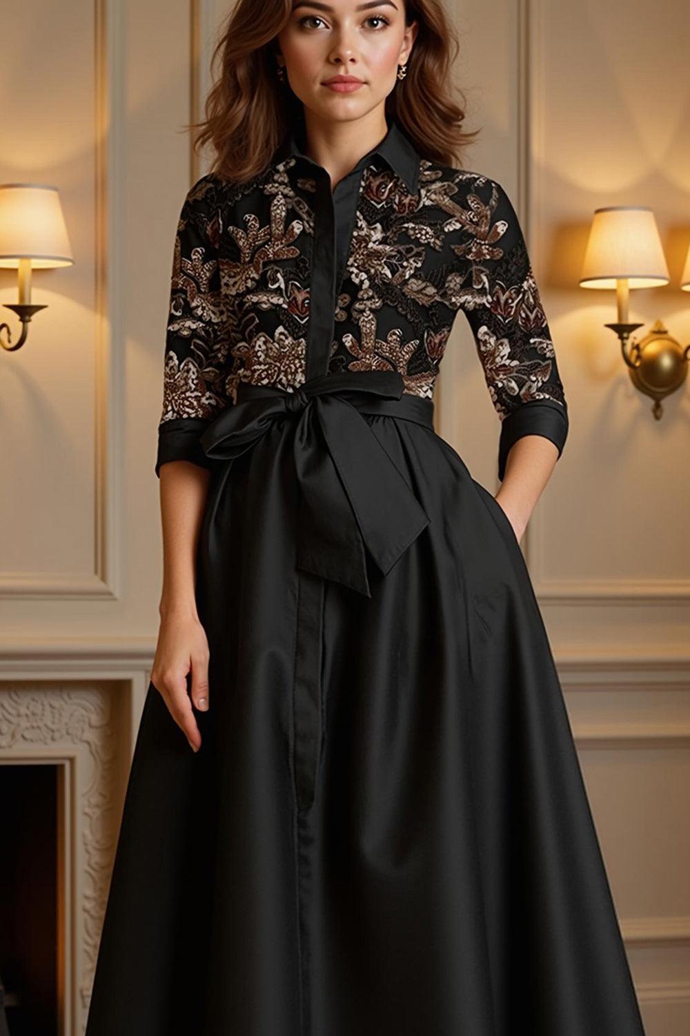 Dreamyannie Black Satin Lapel Floor Length Mother Of The Bride Dress With Embroidery