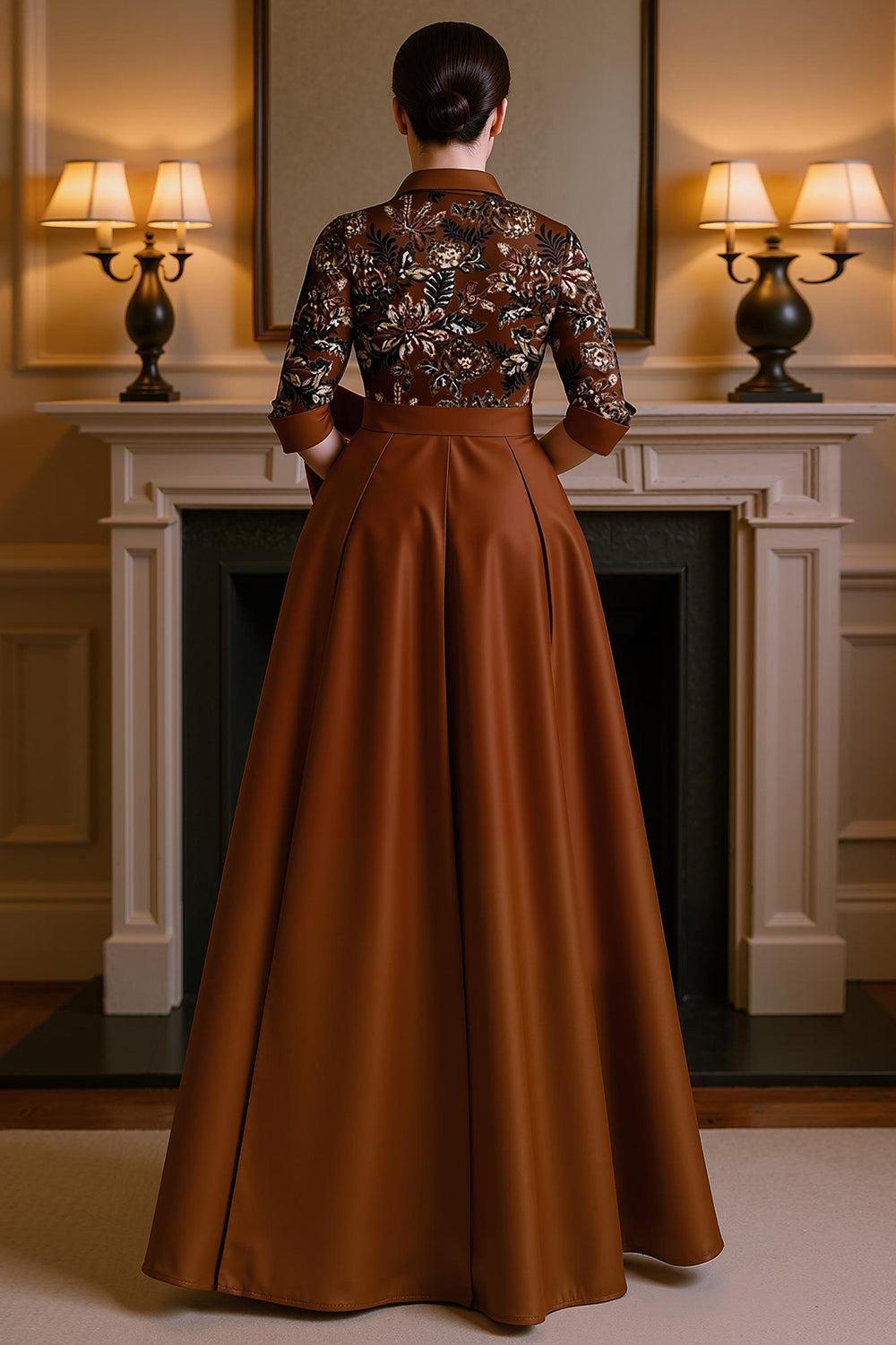 Dreamyannie Black Satin Lapel Floor Length Mother Of The Bride Dress With Embroidery
