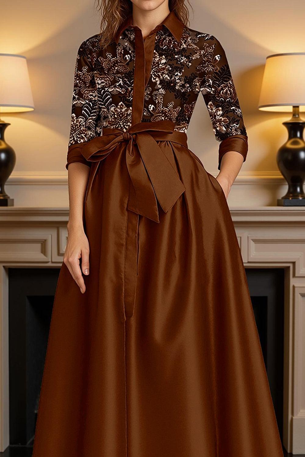 Dreamyannie Black Satin Lapel Floor Length Mother Of The Bride Dress With Embroidery