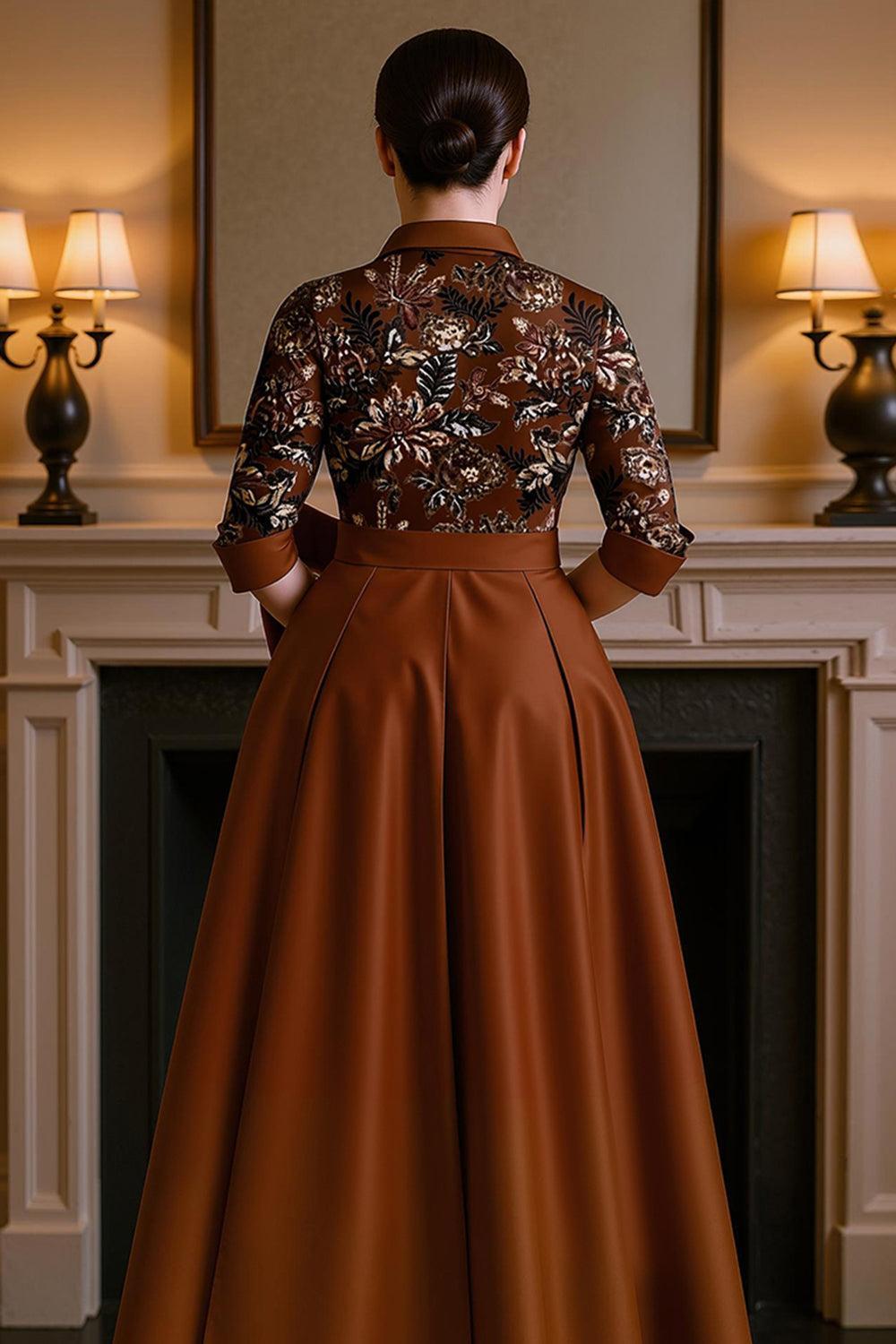 Dreamyannie Black Satin Lapel Floor Length Mother Of The Bride Dress With Embroidery