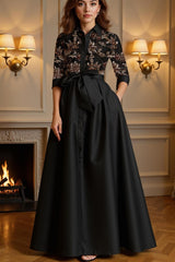 Dreamyannie Black Satin Lapel Floor Length Mother Of The Bride Dress With Embroidery