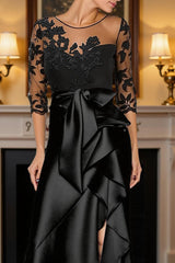 Dreamyannie Black Satin Sheath Ruffled Floor Length Mother Of The Bride Dress With Slit
