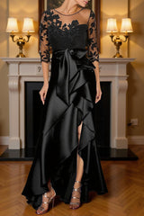 Dreamyannie Black Satin Sheath Ruffled Floor Length Mother Of The Bride Dress With Slit