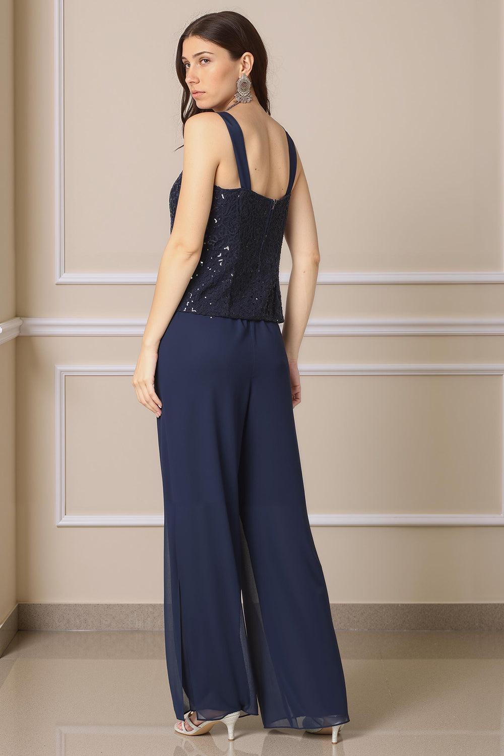 Dreamyannie Black Sequin Thick Straps 3 Piece Mother Of The Bride Pant Suits With Jacket