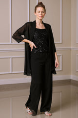 Dreamyannie Black Sequin Thick Straps 3 Piece Mother Of The Bride Pant Suits With Jacket