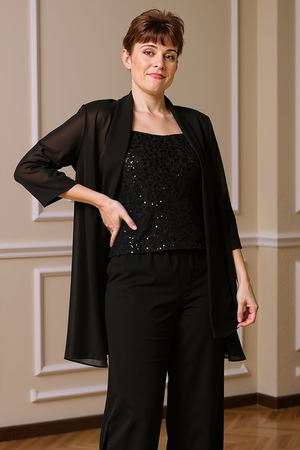 Dreamyannie Black Sequin Thick Straps 3 Piece Mother Of The Bride Pant Suits With Jacket