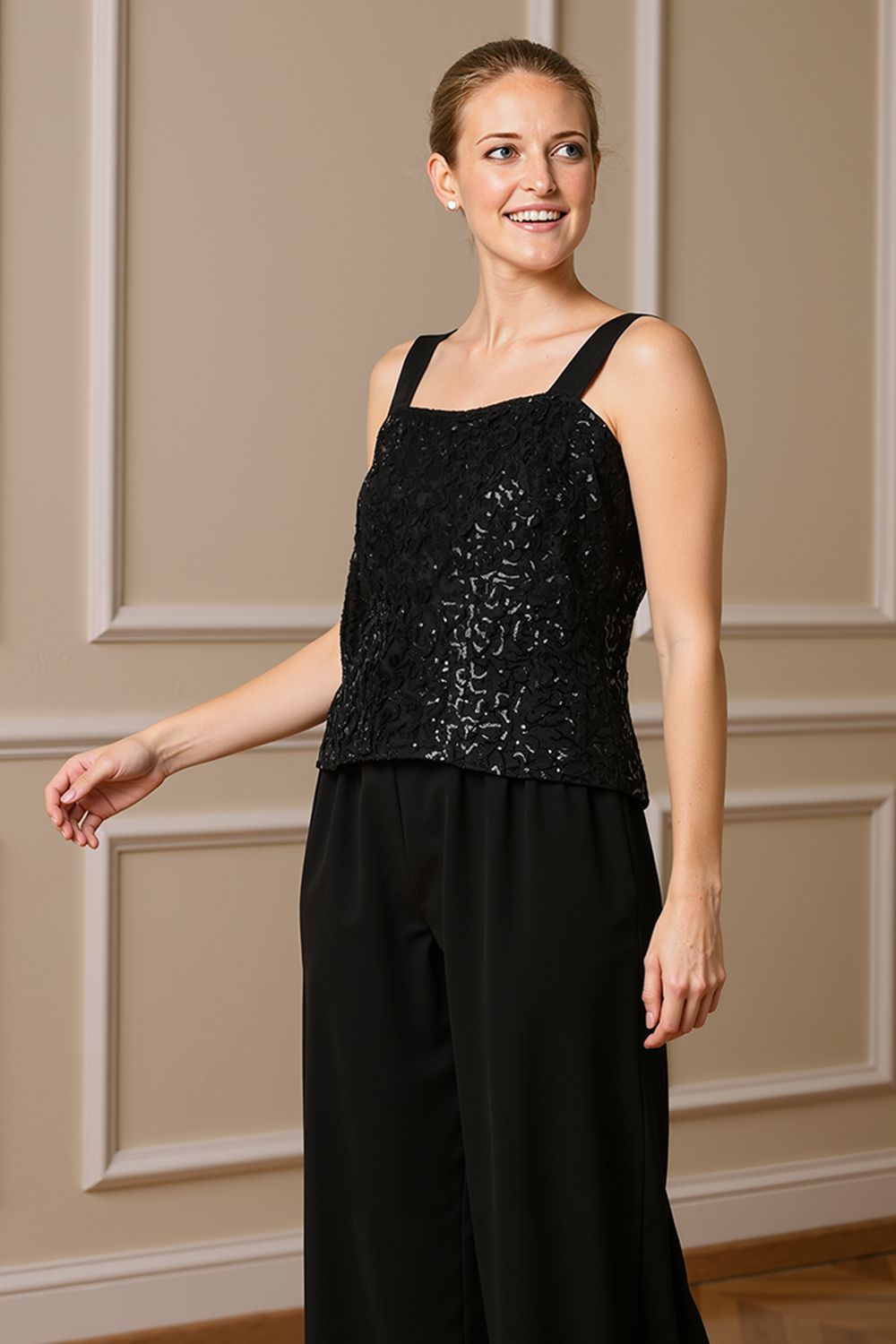 Dreamyannie Black Sequin Thick Straps 3 Piece Mother Of The Bride Pant Suits With Jacket