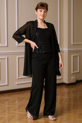 Dreamyannie Black Sequin Thick Straps 3 Piece Mother Of The Bride Pant Suits With Jacket