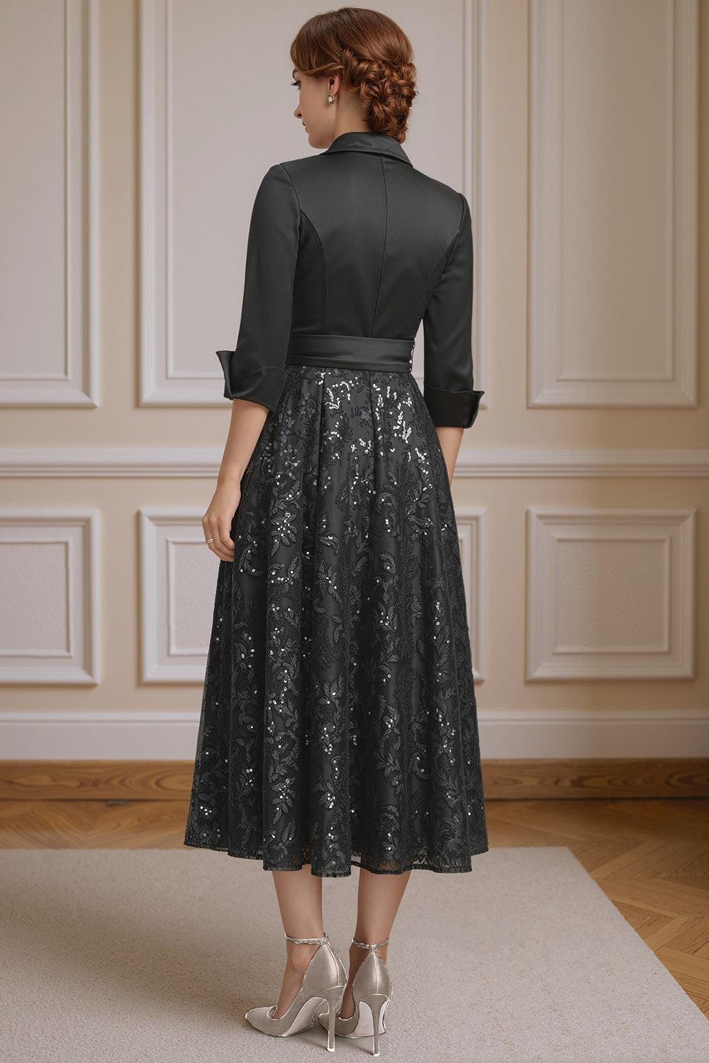 Dreamyannie Black Sequins Corset Tea Length Mother Of The Bride Dress With Sash