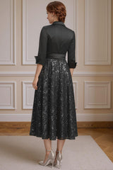 Dreamyannie Black Sequins Corset Tea Length Mother Of The Bride Dress With Sash