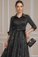 Dreamyannie Black Sequins Corset Tea Length Mother Of The Bride Dress With Sash
