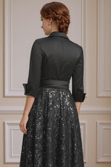 Dreamyannie Black Sequins Corset Tea Length Mother Of The Bride Dress With Sash