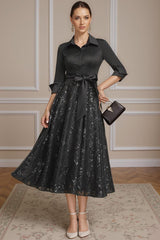Dreamyannie Black Sequins Corset Tea Length Mother Of The Bride Dress With Sash
