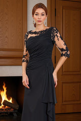 Dreamyannie Black Sheath Boat Neck Floor Length Mother Of The Bride Dress With Lace