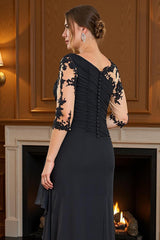 Dreamyannie Black Sheath Boat Neck Floor Length Mother Of The Bride Dress With Lace