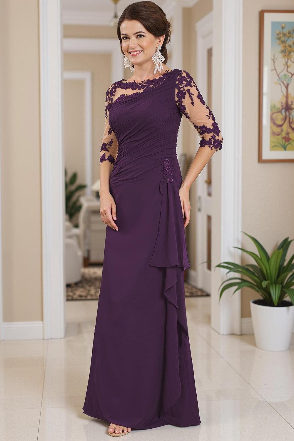 Dreamyannie Black Sheath Boat Neck Floor Length Mother Of The Bride Dress With Lace