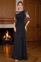 Dreamyannie Black Sheath Boat Neck Floor Length Mother Of The Bride Dress With Lace