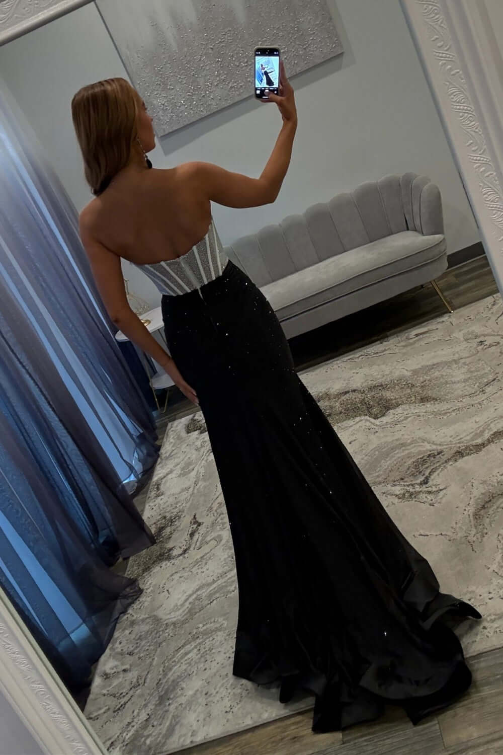 Dreamyannie Black & Silver Strapless Structured Corset Top Beading Prom Dress With High Slit Formal Evening Gown