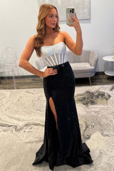 Dreamyannie Black & Silver Strapless Structured Corset Top Beading Prom Dress With High Slit Formal Evening Gown