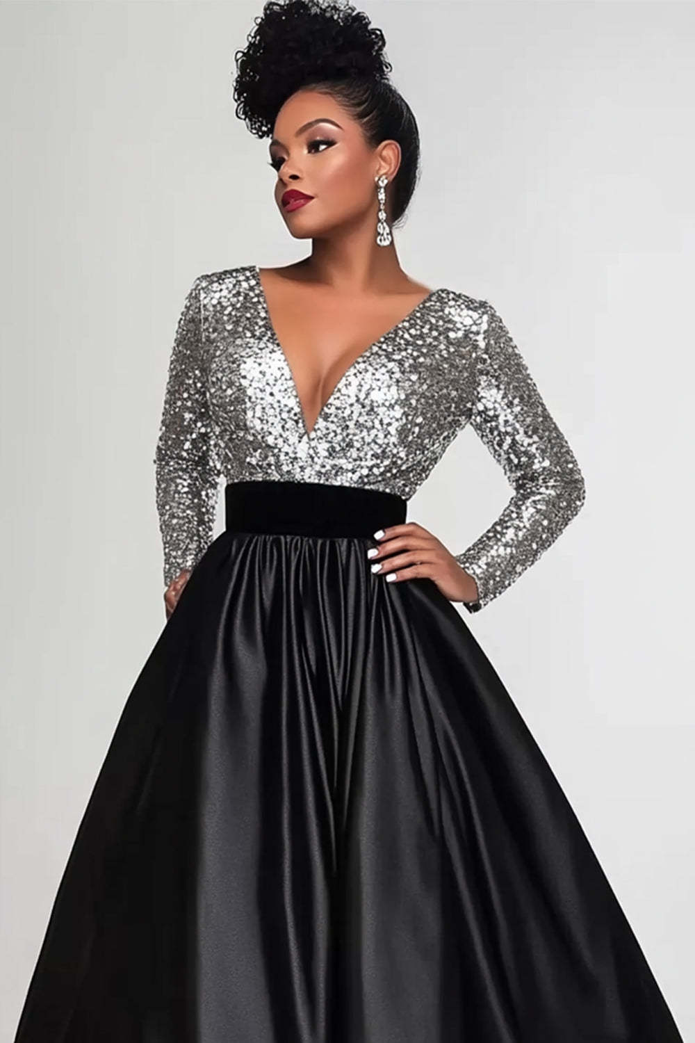 Dreamyannie Black Silver Wedding Guest Dress A-Line Long Sleeves Long Formal Dress