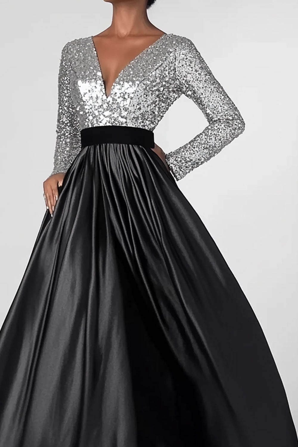 Dreamyannie Black Silver Wedding Guest Dress A-Line Long Sleeves Long Formal Dress